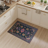 Vibrant Navy Persian Rug with Pink Yellow Motifs