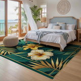 ODIKA Tropical Hibiscus Washable Rug - Green & Gold Palm Leaf Low Pile Area Rug