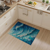 Abstract Blue Ocean Wave Washable Area Rug, Low Pile Non-Slip