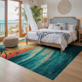 ODIKA Retro Sunset Surf Washable Area Rug - Vintage Low Pile Coastal Decor