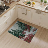 Snowy Pine Forest Path with Red Shrubs Area Rug