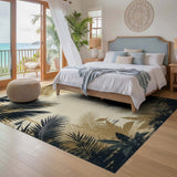ODIKA Washable Low Pile Tropical Palm Leaf Rug - Vintage Navy & Gold