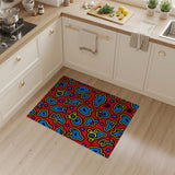 Vibrant Red Kids Cartoon Rug with Blue Whimsical Shapes