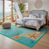 ODIKA Coastal Starfish & Shell Mosaic Turquoise Washable Area Rug
