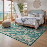 ODIKA Washable Teal Bird & Botanical Leaf Area Rug - Low Pile Non-Slip