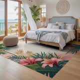 ODIKA Washable Tropical Floral Area Rug - Pink and Green Low Pile Palm Leaf Design