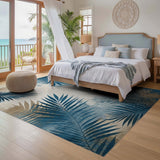 ODIKA Washable Blue Tropical Palm Leaf Area Rug - Low Pile Non-Slip Coastal Decor