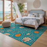 ODIKA Washable Teal Nautical Seashell Low Pile Non-Slip Area Rug