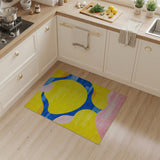Vibrant Yellow Abstract Rug with Blue Loops Pink Curves