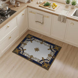 Blue and Teal Navy Blue Ornate Gold Filigree Border Area Rug
