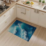 Abstract Ocean Wave Washable Area Rug - Blue Coastal Low Pile Non-Slip