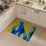 Washable Modern Abstract Wavy Blue & Yellow Low Pile Area Rug