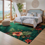 ODIKA Tropical Bird & Hibiscus Jungle Washable Area Rug - Low Pile Non-Slip