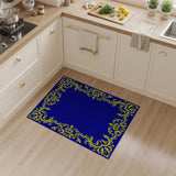 Ornate Golden Floral Border Navy Blue Area Rug