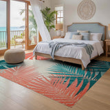 ODIKA Washable Tropical Monstera Palm Leaf Area Rug - Teal & Coral Low Pile Non-Slip