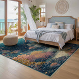 ODIKA Washable Coral Reef Area Rug - Low Pile Non-Slip Teal & Peach Underwater Art Rug