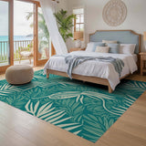 ODIKA Washable Tropical Palm Leaf Area Rug - Teal & Cream Non-Slip Low Pile Rug