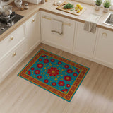 Teal Persian Floral Medallion Rug with Red Blooms Gold Border