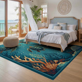ODIKA Washable Sea Turtle Coastal Ocean Life Low Pile Non-Slip Area Rug