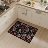 Red Peony Floral on Black Vintage Rug