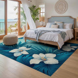 ODIKA Tropical Teal Palm & White Lily Washable Low Pile Area Rug