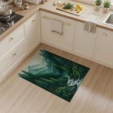 Serene Pine Forest Waterfall Mountain Rug