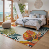 ODIKA Tropical Palm Leaf Washable Rug - Orange & Teal Low Pile Non-Slip Area Rug