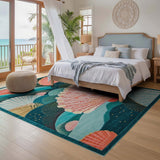 ODIKA Coastal Seashell Fan Pattern Washable Low Pile Area Rug - Teal & Coral Pink