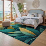 ODIKA Tropical Teal & Gold Leaf Washable Area Rug - Low Pile Non-Slip Indoor Carpet