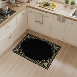 Ornate Gold Floral Frame Black Area Rug