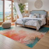 ODIKA Tropical Palm Leaf Washable Area Rug - Teal & Coral Abstract Low Pile Non-Slip Rug