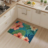Blue Teal Hibiscus Floral Washable Area Rug