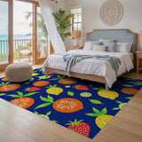 ODIKA Vibrant Tropical Fruit Washable Area Rug - Navy Blue Low Pile Non-Slip Carpet