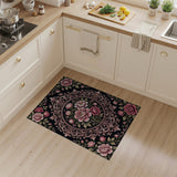 Vintage Pink Roses Peonies Ornate Black Area Rug