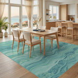 Teal Coastal Waves Washable Area Rug