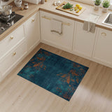 Teal Distressed Rug with Orange Leaf Motifs