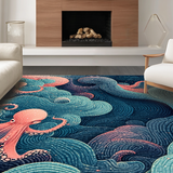 Ultra Soft Area Rug, Non Slip, Stain Resistant, Washable Area Rugs for Living Room, Bedroom, Nautical Octopus Illusion Rug Runner with 3D Oceanic Whale and Dolphin Motifs(Pink)