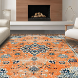 Ultra Soft Area Rug, Non Slip, Stain Resistant, Washable Area Rugs for Living Room, Bedroom, Sophisticated Low-Pile Floral Aesthetic(Orange)