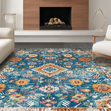 Ultra Soft Area Rug, Non Slip, Stain Resistant, Washable Area Rugs for Living Room, Bedroom, Rustic Tribal Tiled Pattern(Blue)