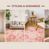Ultra Soft Area Rug, Non Slip, Stain Resistant, Washable Area Rugs for Living Room, Bedroom, Eclectic Boho Chic Floral Style(Pink)
