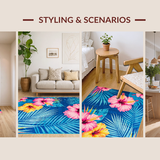 Ultra Soft Area Rug, Non Slip, Stain Resistant, Washable Area Rugs for Living Room, Bedroom, Vibrant Tropical Floral Motif(Blue)