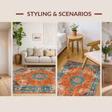 Ultra Soft Area Rug, Non Slip, Stain Resistant, Washable Area Rugs for Living Room, Bedroom, Rustic Orange Teal Medallion Style(Orange)