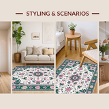 Ultra Soft Area Rug, Non Slip, Stain Resistant, Washable Area Rugs for Living Room, Bedroom, Whimsical Vintage Floral Motif(White)