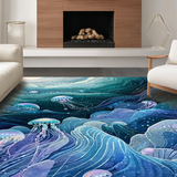 Ultra Soft Area Rug, Non Slip, Stain Resistant, Washable Area Rugs for Living Room, Bedroom, Nautical Fantasy Rug Showcasing Jellyfish and Ocean Foam in Artistic Waves(Blue)