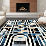Ultra Soft Area Rug, Non Slip, Stain Resistant, Washable Area Rugs for Living Room, Bedroom, Art Deco Echo Rug: Black and White Linear Design(Blue)