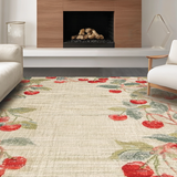 Ultra Soft Area Rug, Non Slip, Stain Resistant, Washable Area Rugs for Living Room, Bedroom, Fruit Inspired Coquette Bow Rug with Cherry Sprigs and Elegant Pink Highlights(Beige)
