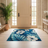 ODIKA Blue Tropical Hibiscus Floral Washable Low Pile Area Rug