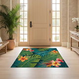 ODIKA Tropical Palm Leaf & Hibiscus Washable Low Pile Area Rug