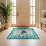 ODIKA Washable Sea Turtle Rug - Teal Coastal Tribal Geometric Low Pile Non-Slip Area Rug