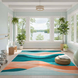 ODIKA Modern Abstract Wavy Teal & Peach Washable Area Rug - Low Pile Non-Slip